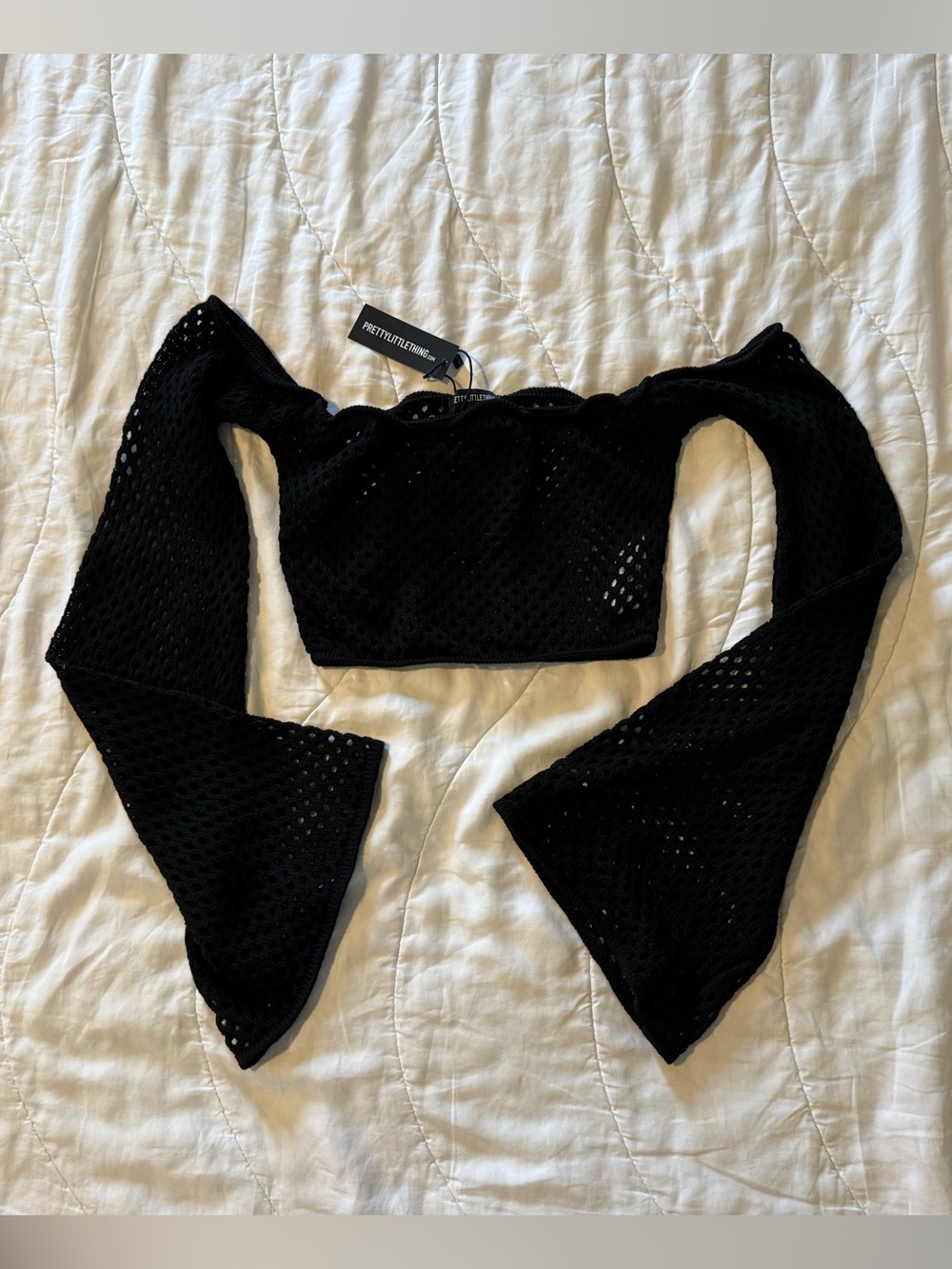 PrettyLittleThing Black Crochet Off-Shoulder Bell Sleeve Crop Top